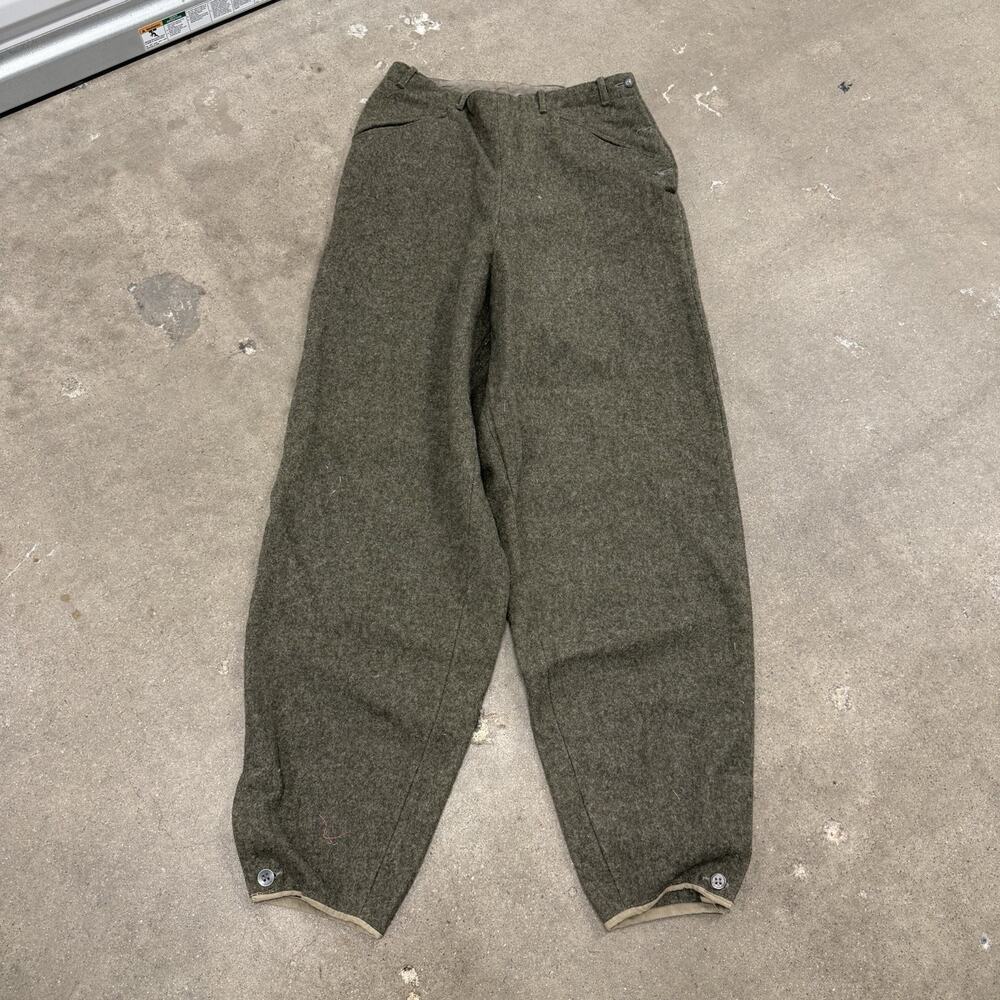 VINTAGE 70s GERMAN SIDE FLY WIDE LEG WOOL ARMY MILITARY PANTS GREEN 31x32